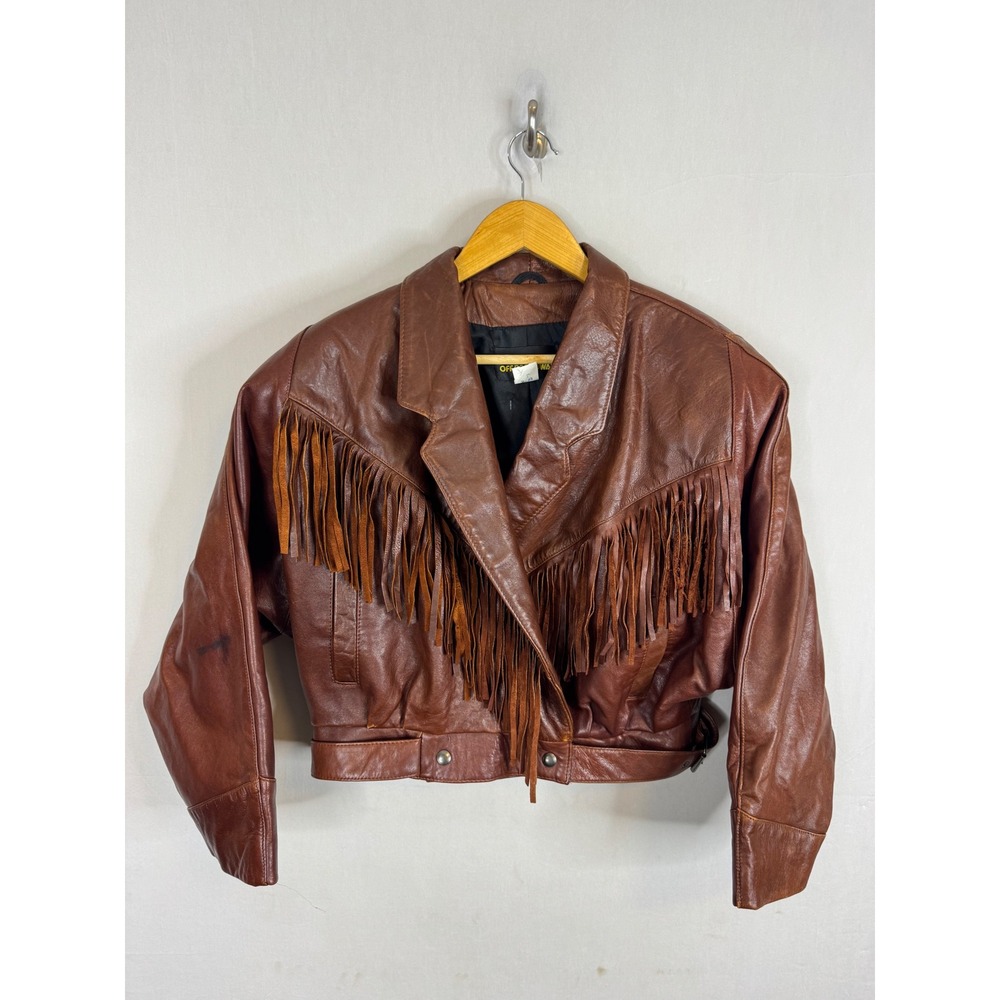 Off Broadway Vintage Brown Leather Fringe Western Jacket Cropped Large Canada